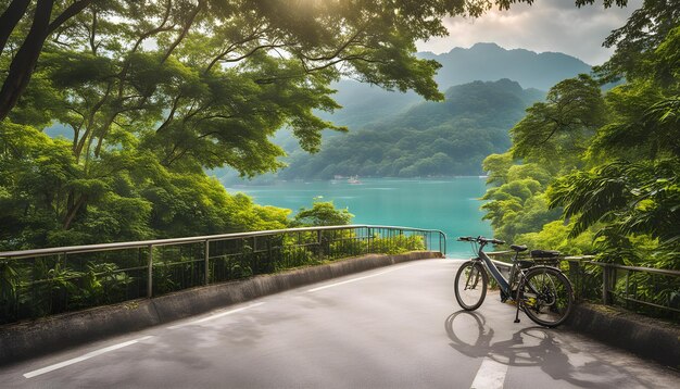 Photo a bike on a road with a mountain in the background