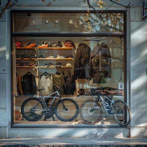 A bike shop window displaying new bicycles and gear Natural light active theme aar 64 Job ID 65f93c03d94646f49f2c938bd54cf5d9