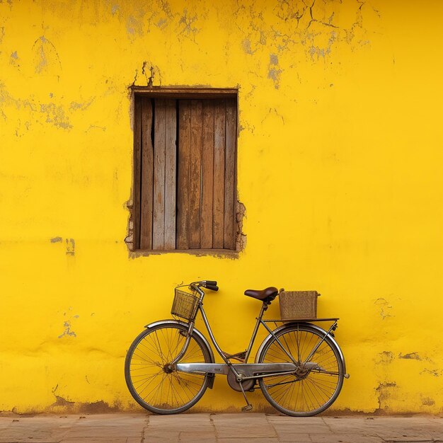 Bike sitting on yellow wall