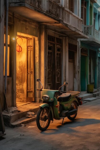 The bike stands in a wide paved street