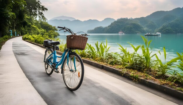 Photo a bike with a basket on the front is parked on the side of a road