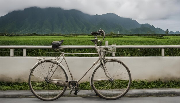 a bike with a basket on the front of it is parked on a road