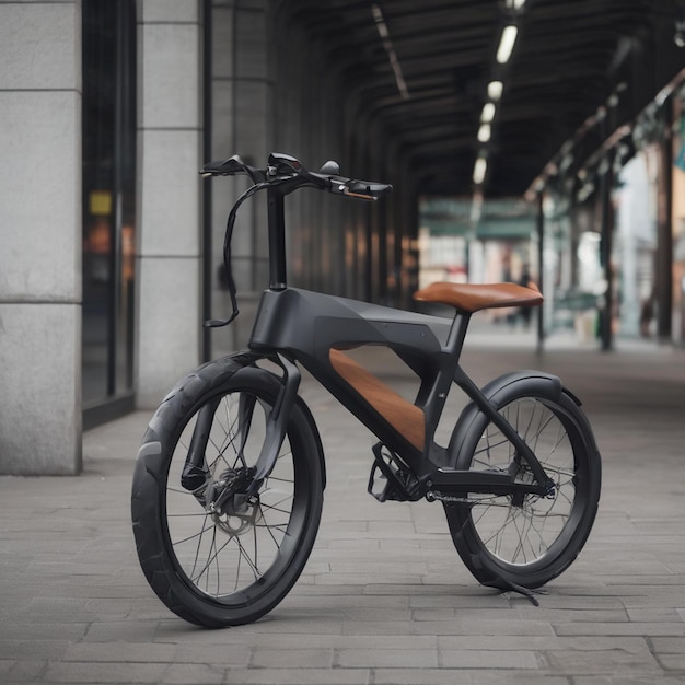 a bike with a brown seat is parked on a sidewalk