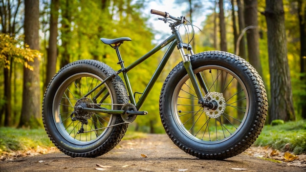 a bike with a large wheel is sitting on a dirt road