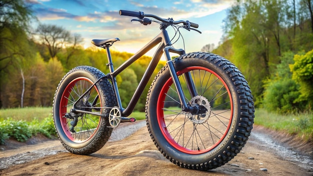 a bike with a red rim is parked on a dirt road