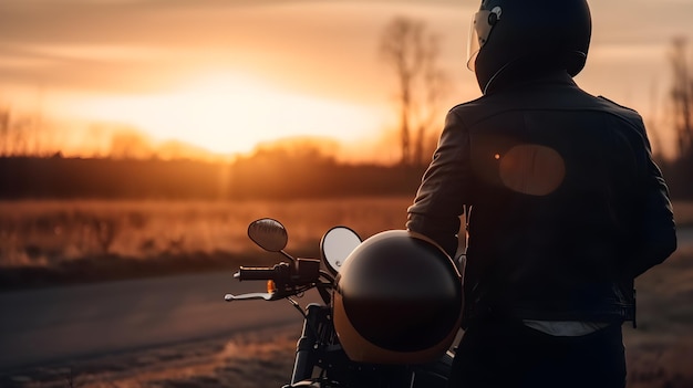 A biker in a black leather jacket is looking at the sunset.