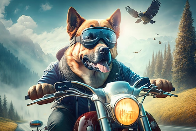 Biker dog riding motorcycle in scenic landscape