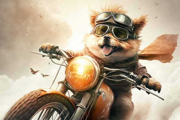 Biker dog riding on top of vintage motorcycle with wind in their fur