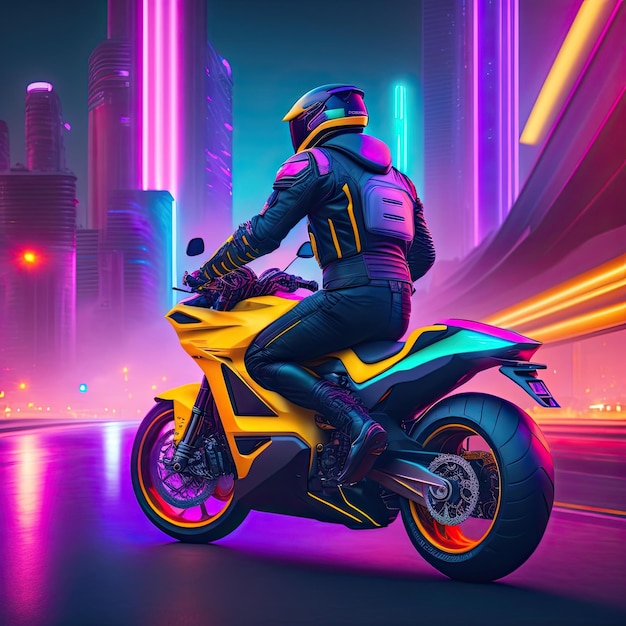 Biker on an Futuristic motorcycle Evening futuristic city in background Neon urban future Wallpap