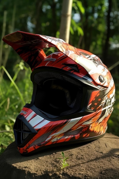 Biker helmet on color background