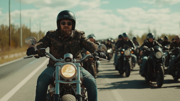 A biker leading a group of motorcycles on a highway