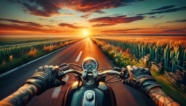 A biker on a motorcycle in a leather jacket rushes along the road among the fields