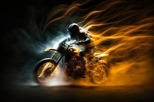 Biker riding on high speed blurred motion creative light Generative AI