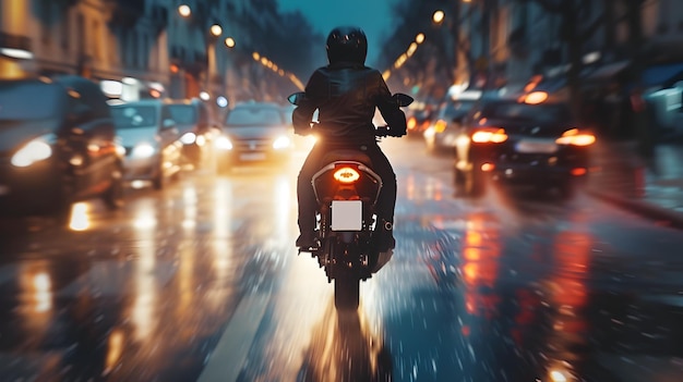 Biker Speeding Through RainSlicked City StreetsLights Streaking in KineticIntense LowAngle Shot