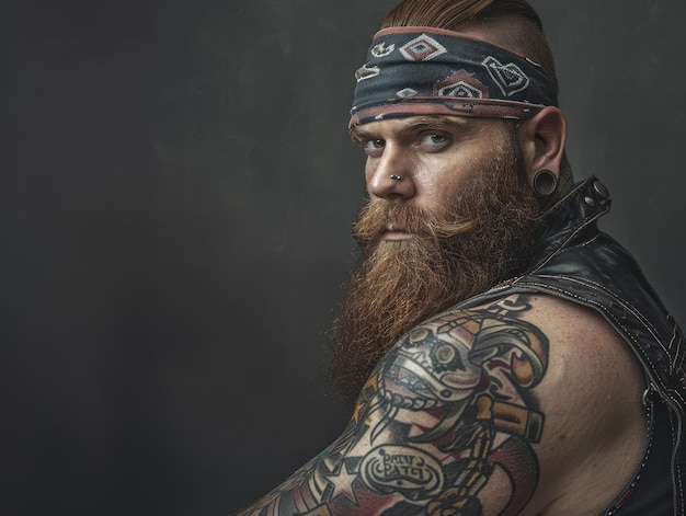 Photo biker with a long beard bandana and tattoos on his arm themed background bright tonality