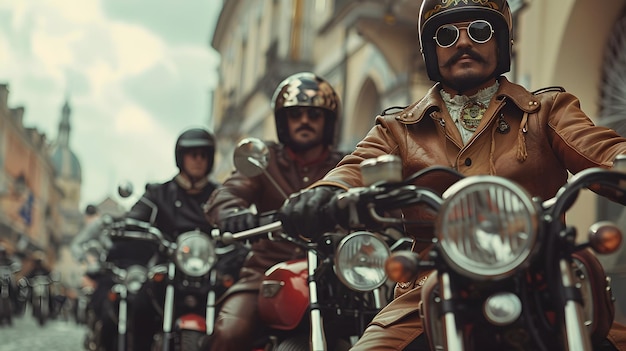 Bikers on cool motorcycles whose clothes are inspired by the images of musketeers