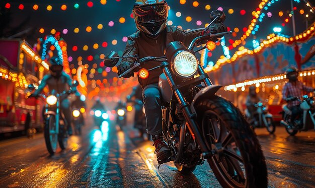 Bikers at a Vibrant Roadside Carnival