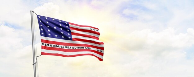 Bikini Atoll flag waving on sky background 3D Rendering