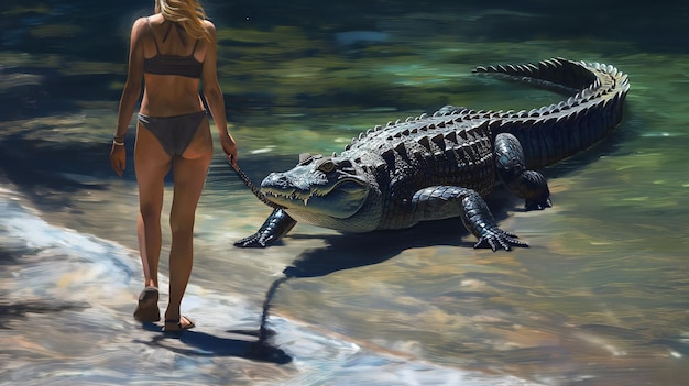 Bikiniclad woman walking American alligator on leash by water