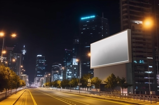 A billboard on a city street with a city skyline in the background.