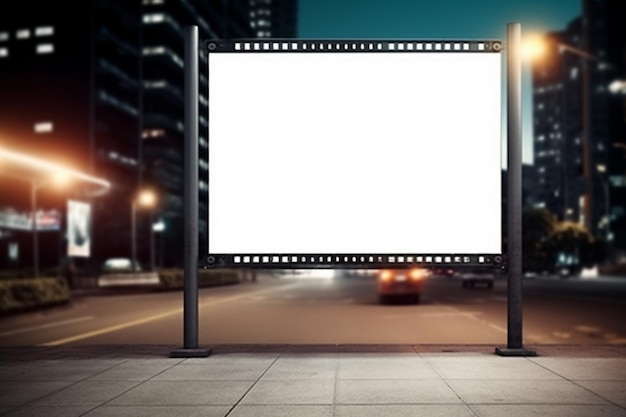 A billboard on a city street with a white screen