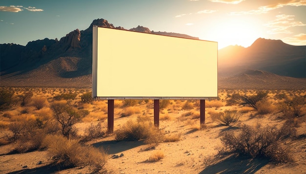 A billboard in the desert with mountains in the background