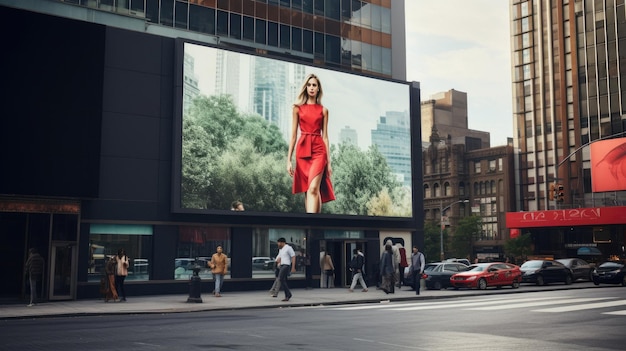 a billboard for a fashion show shows a woman walking on a street.