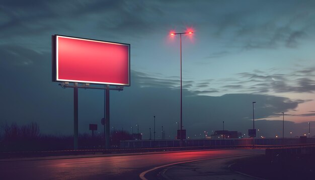 a billboard on a highway with a red light on it