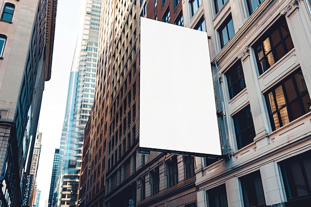 Billboard mockup on a city building with clear blue skies and urban surroundings