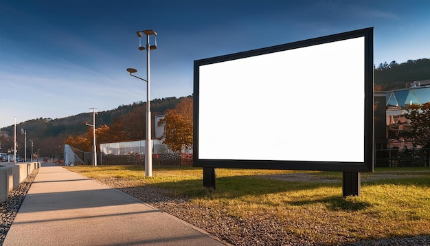 a billboard in a park with a street light in the background