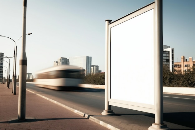 A billboard on the side of a road with a bus passing by.