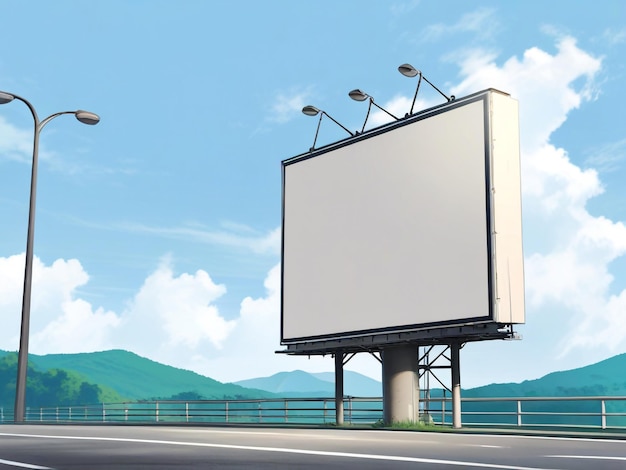 a billboard on the side of a road with a mountain in the background