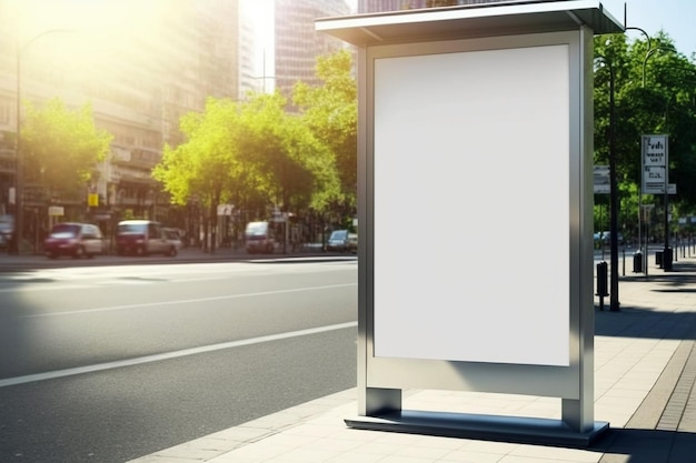 a billboard on a sidewalk with a green tree in the background.