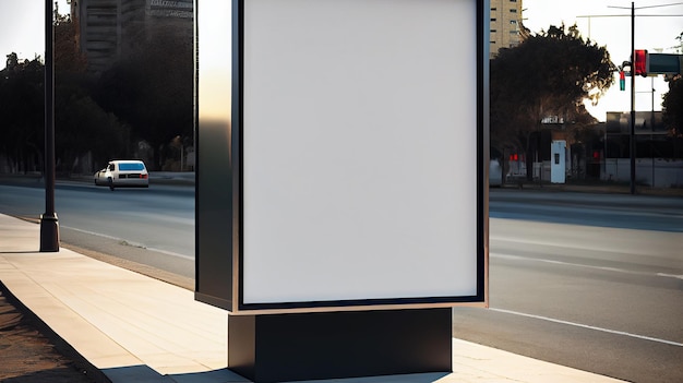 A billboard on a sidewalk with a sign that says " blank ".