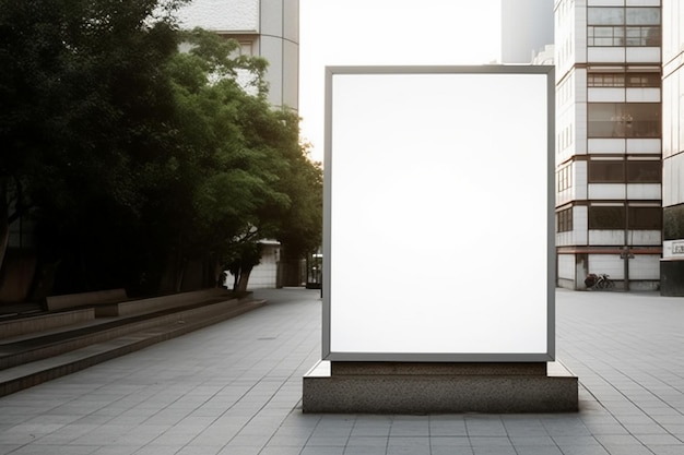 A billboard on a sidewalk with trees in the background