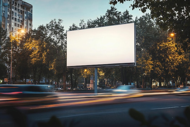 a billboard that is on a street with trees in the background