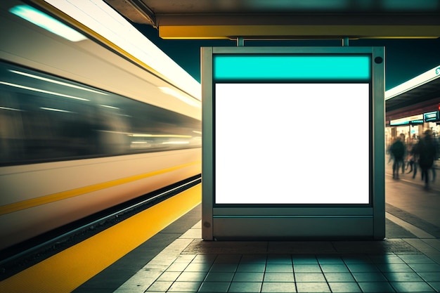 A billboard at a train station with a train passing by.