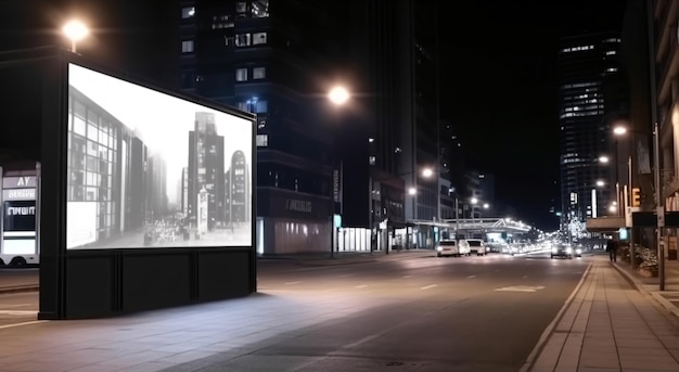 Billboard with blank mock up on the street of the night city generated AI