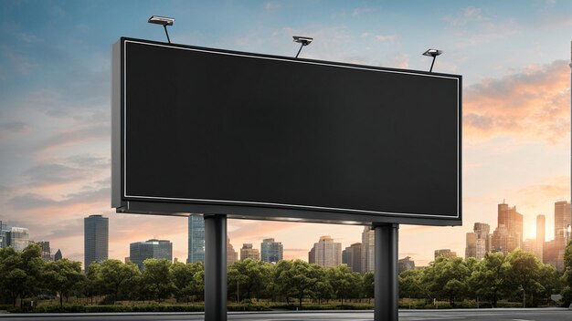 a billboard with a picture of a city in the background