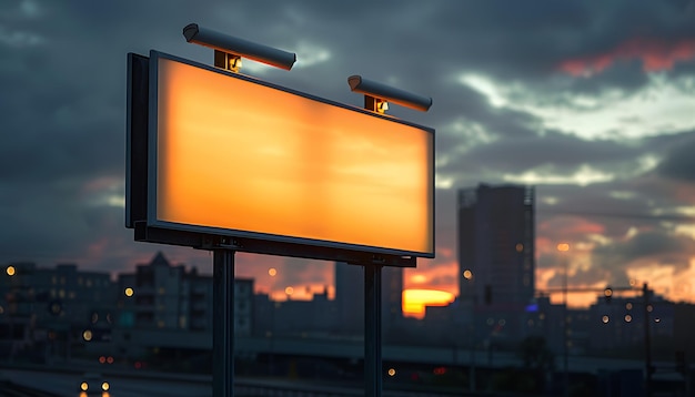 a billboard with a yellow light on it and a city in the background