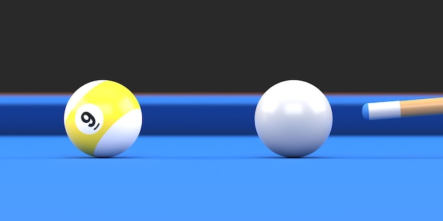 Billiard ball number nine in yellow and white color on billiard table snooker aim the cue ball 3D