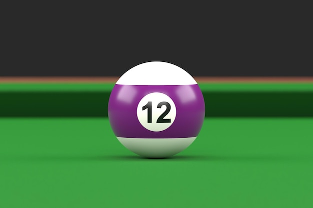 Billiard ball number twelve in purple and white color on billiard table 3D render illustration