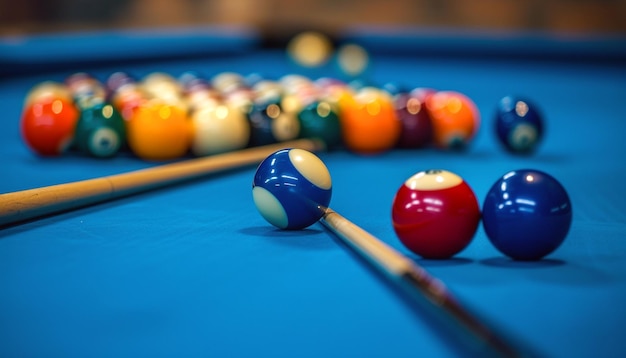 Photo billiard balls and sticks on the table