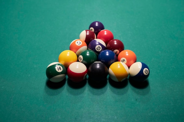 Billiard balls in triangle rack on table American pool with all balls on the table