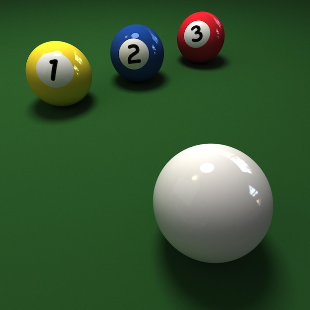 Billiard balls with numbers 1, 2, 3 and a cue ball