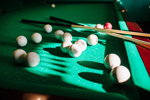 Billiard table with chaotically scattered balls on it and sticks