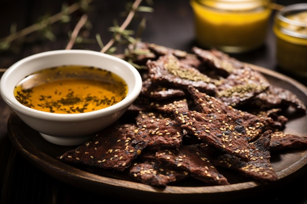 Photo biltong with a side of tangy mustard and crackers yummy delicious biltong food image photography