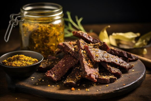 Biltong with a side of tangy pickles and mustard yummy delicious Biltong food image photography