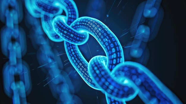 Binary chain with blue glow represents data connection or blockchain tech against blurred background