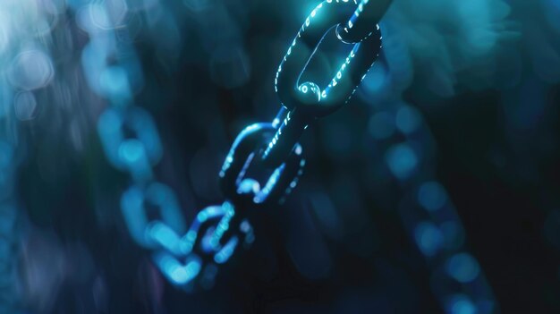 Binary chain with blue glow represents data connection or blockchain tech against blurred background